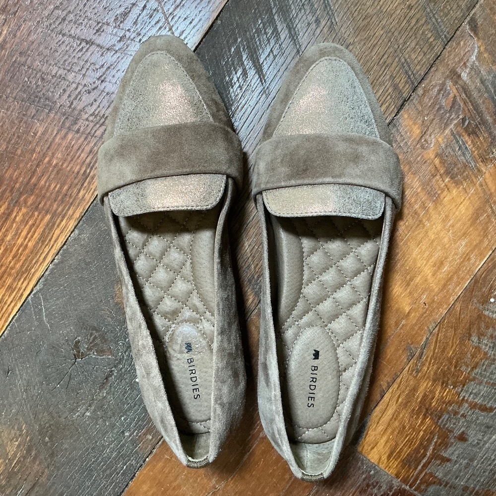 Birdies Taupe Suede Loafers with Metallic Toe